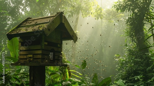 background of bee house in dense forest, honey farmer.