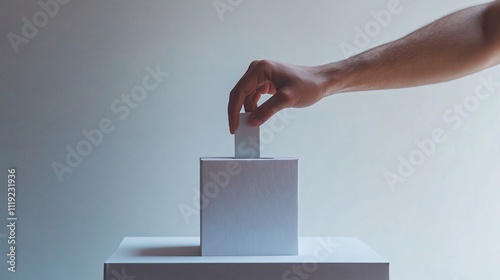 A hand dropping a ballot into a white ballot box. Ellection day Generative ai photo