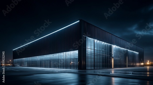 Modern glass building at night, illuminated.