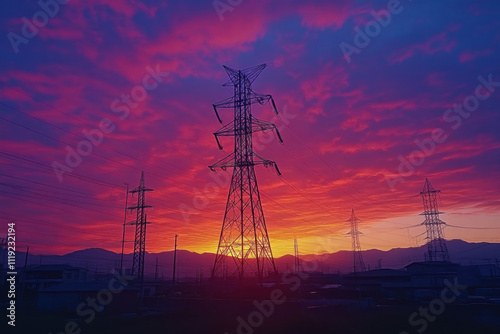 Electricity pylons silhouetted against vibrant sunset.