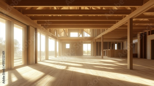 Interior of a house in the framing stage, showcasing smooth wooden beams, floorboards, and an airy, open space