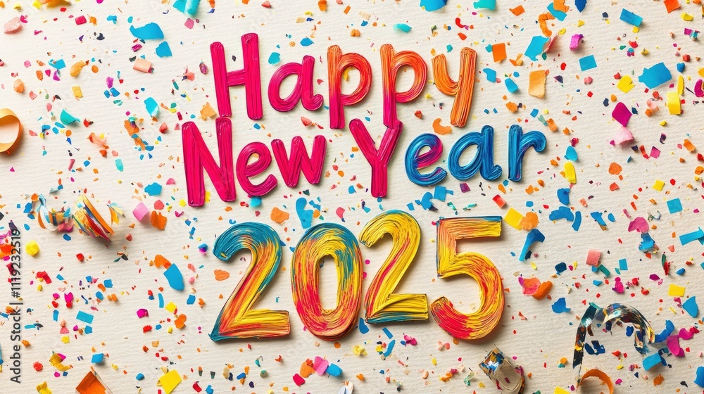 Colorful New Year 2025 presented in bright, festive hues with a watercolor design on textured paper, accented by confetti. Colorful New Year 2025 presented in bright, festive hues with a watercolor design on textured paper, accented by confetti.