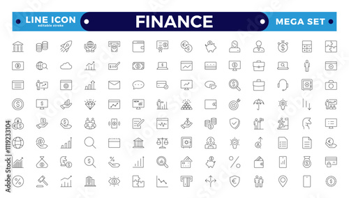 Finance outline icon set with money, bank, check, law, auction, exchange, payment, wallet, deposit, piggy, calculator,Business, Profit, Investment, Bank,  web icon. Editable stroke outline icon.
