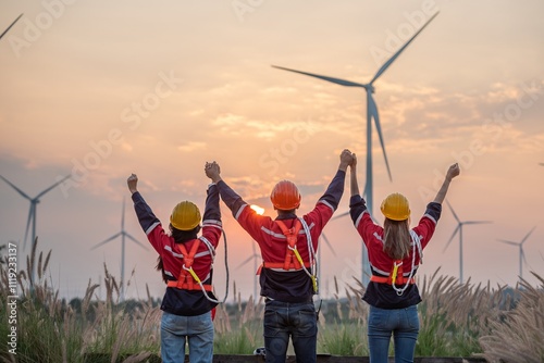 Three people are standing in a field with wind turbines in the background