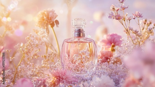 Luxury fragrance display with crystal perfume bottles, blooming flowers, and shimmering highlights on a soft pastel backdrop