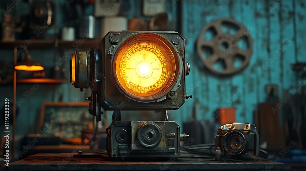 Fototapeta premium A rustic film projector lamp glowing warmly, placed on a metal and wood industrial shelf, with retro elements like old cameras and film reels around, soft shadows, realistic textures, hd clarity.