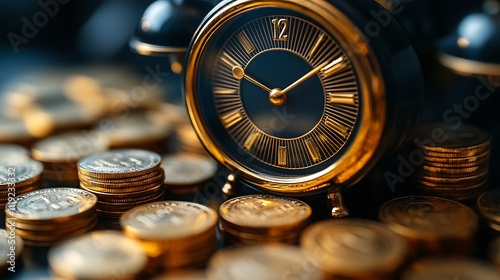 Digital-style clock with coins representing investment and income tracking