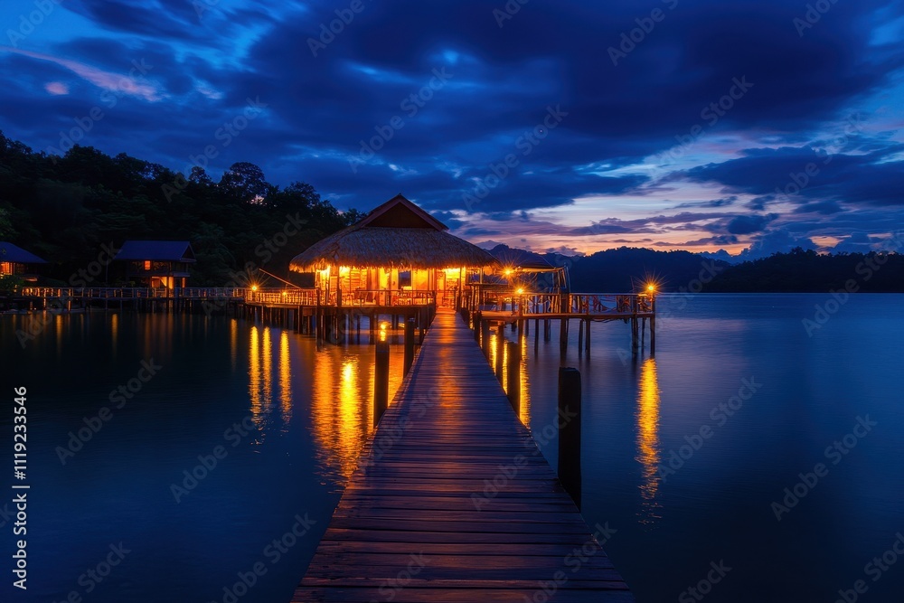 Obraz premium Tropical Getaway: A Romantic Walkway Over Calm Waters in a Serene Hideaway
