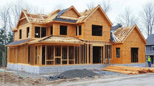 House construction: A partially built house with wooden framing, construction materials, and workers installing walls