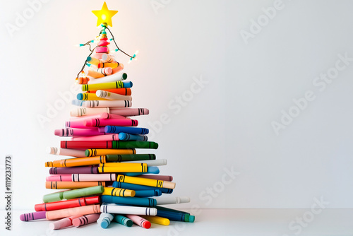 Generated creative Christmas tree made of stacked colorful crayons, wrapped in festive string lights, and topped with a bright yellow star, creating a vibrant and fun holiday decoration. photo