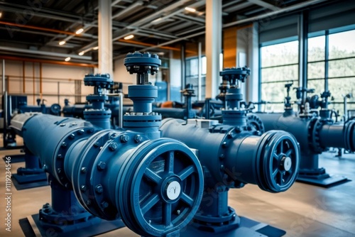 Industrial Room with Pipes, Valves, and High Ceilings in White-Walled Facility