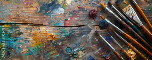 Colorful paintbrushes on wooden surface with splatters.