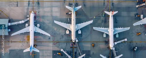 Aerial view of airplanes parked at airport terminal gate.