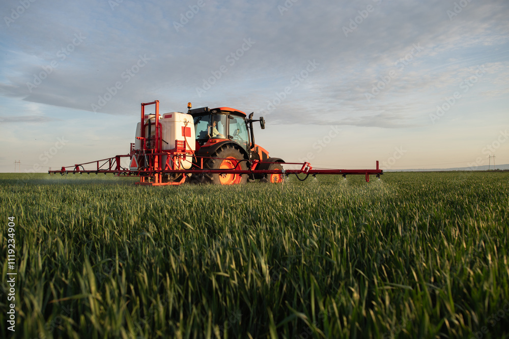 Fototapeta premium Tractor spraying pesticides wheat field.