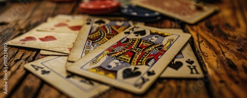 Close-up of playing cards laid out on green poker table.