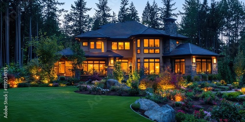 A luxury home with a glowing exterior, modern outdoor lighting, and a beautifully landscaped yard, captured at dusk.