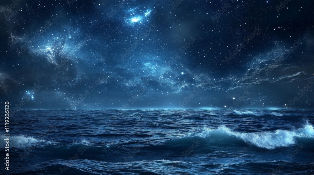 Fototapeta premium Starry Night Sky Over Deep Blue Ocean with Milky Way Galaxy Reflection, Serene and Awe-inspiring Scene