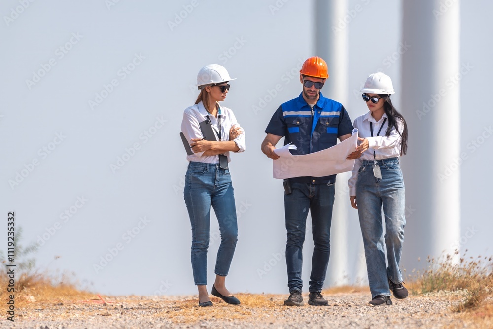 engineer team inspection check control wind power machine construction installation in wind energy factory. technician professional worker discussion check for maintenance electronic wind turbine engineer team inspection check control wind power machine construction installation in wind energy factory. technician professional worker discussion check for maintenance electronic wind turbine