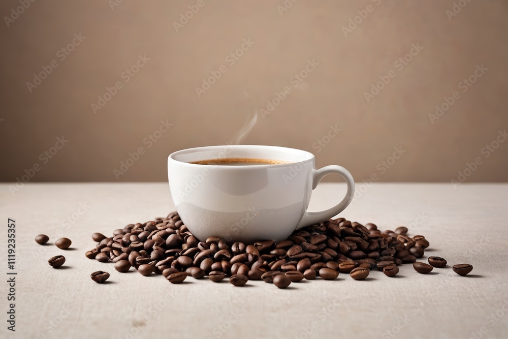 there is a cup of coffee on a table with coffee beans there is a cup of coffee on a table with coffee beans