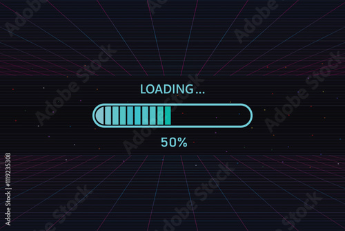 50% progress loading bar on retro futuristic sci-fi background.