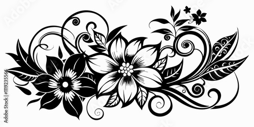 ornamental floral design, black and white illustration, swirling patterns, elegant curves, abstract flowers, vintage style, minimalist artwork 