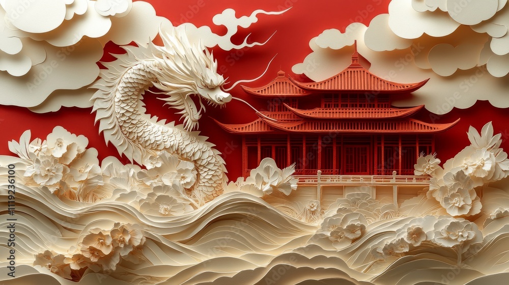 abstract background made from paper cut. paper layer shape are Chinese dragon, Chinese temple in Chinese new year concept high detail. abstract background made from paper cut. paper layer shape are Chinese dragon, Chinese temple in Chinese new year concept high detail.