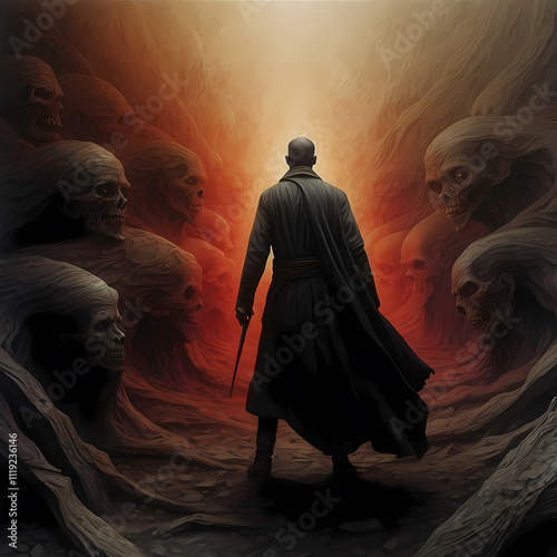 Ein finsterer Wanderer durch ein gespenstisches Labyrinth aus Totenköpfen bei Dämmerung