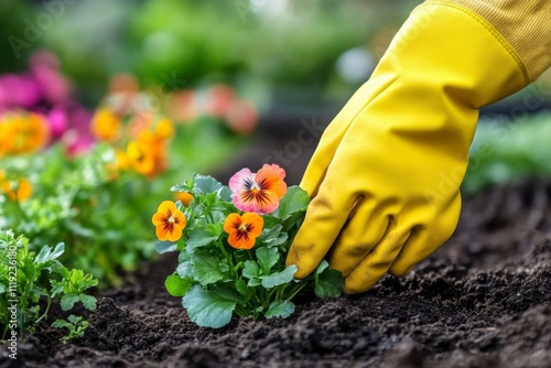 Fototapeta Naklejka Na Ścianę i Meble -  Hand in yellow gardening gloves planting pansies in a garden bed with blurred background of plants and flowers.