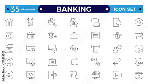 Banking icon set with money, bank, check, law, auction, exchange, payment, wallet, deposit, piggy, calculator, web icon. Containing policy, needs, community. Editable stroke outline icon.