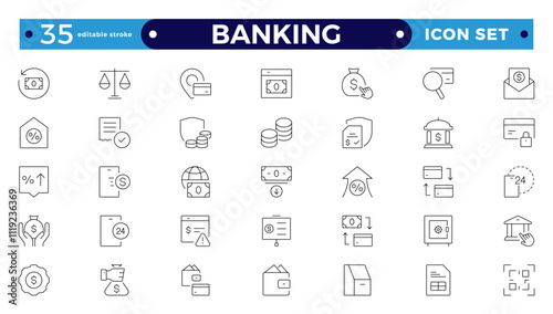Banking icon set with money, bank, check, law, auction, exchange, payment, wallet, deposit, piggy, calculator, web icon. Containing policy, needs, community. Editable stroke outline icon.