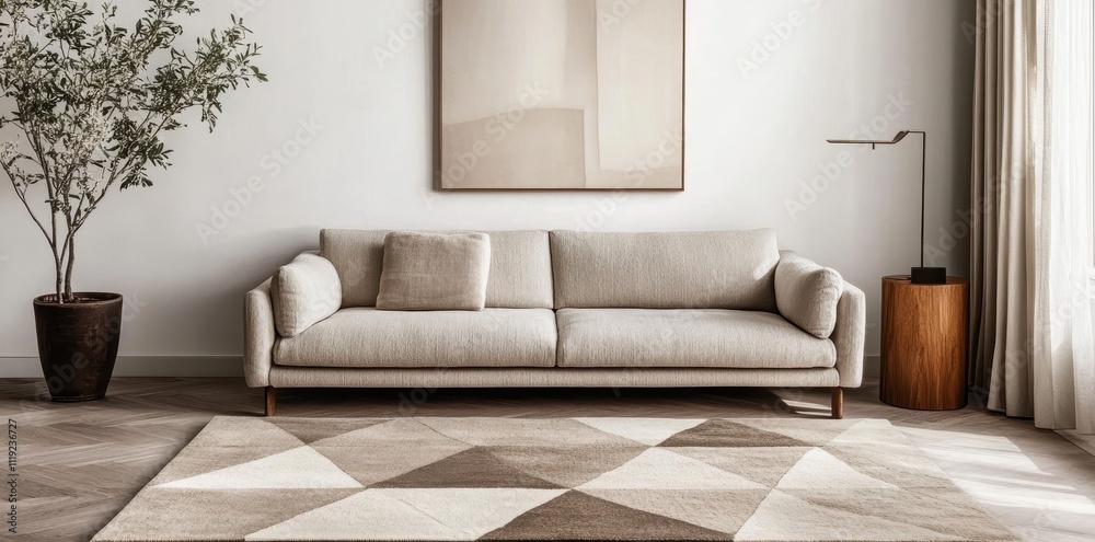 Handwoven rugs in a minimalist lounge area featuring a geometric pattern for a modern, stylish ambiance. Handwoven rugs in a minimalist lounge area featuring a geometric pattern for a modern, stylish ambiance.