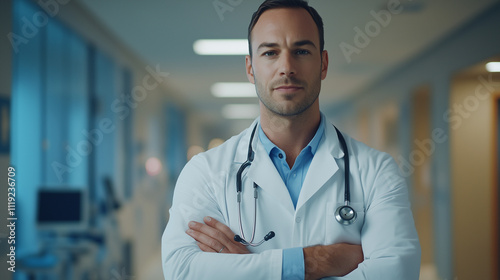 A professional doctor standing in a bright, modern hospital corridor. 