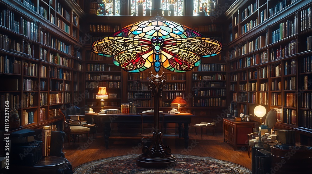 Obraz premium A stained glass floor lamp with an intricate dragonfly design, glowing warmly in an elegant library filled with mahogany shelves and antique books, cinematic lighting, ultra-detailed textures.