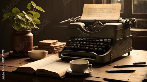 /imagine: A vintage typewriter on an aged desk, the faint glow of morning light touching scattered pages --ar 3:2 --v 4
 photo