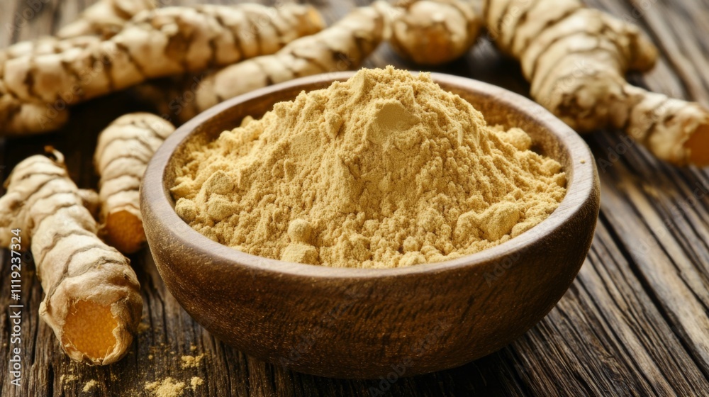 Turmeric roots and powder in wooden bowl on textured surface with scattered roots in natural light Turmeric roots and powder in wooden bowl on textured surface with scattered roots in natural light