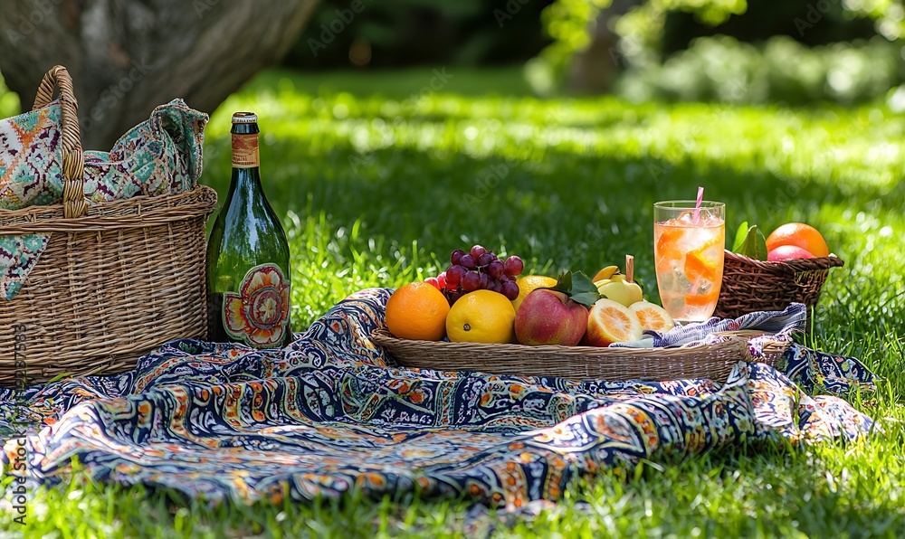 A picnic scene featuring a basket, fruits, a drink, and a vibrant blanket on green grass.