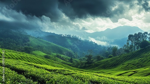 Lush Tea Plantation Landscape in Sri Lanka with Dramatic Sky and Mysterious Mountain Views