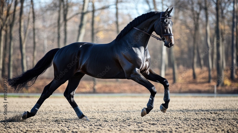 Black Horse Running in an Autumn Forest Black Horse Running in an Autumn Forest