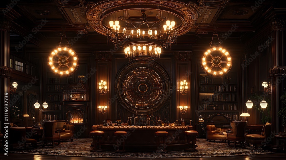 Obraz premium A steampunk chandelier with hanging gears and glowing filament bulbs, illuminating a Victorian-style room with plush furniture and dark wood paneling, soft shadows, ultra-realistic design, hd quality.