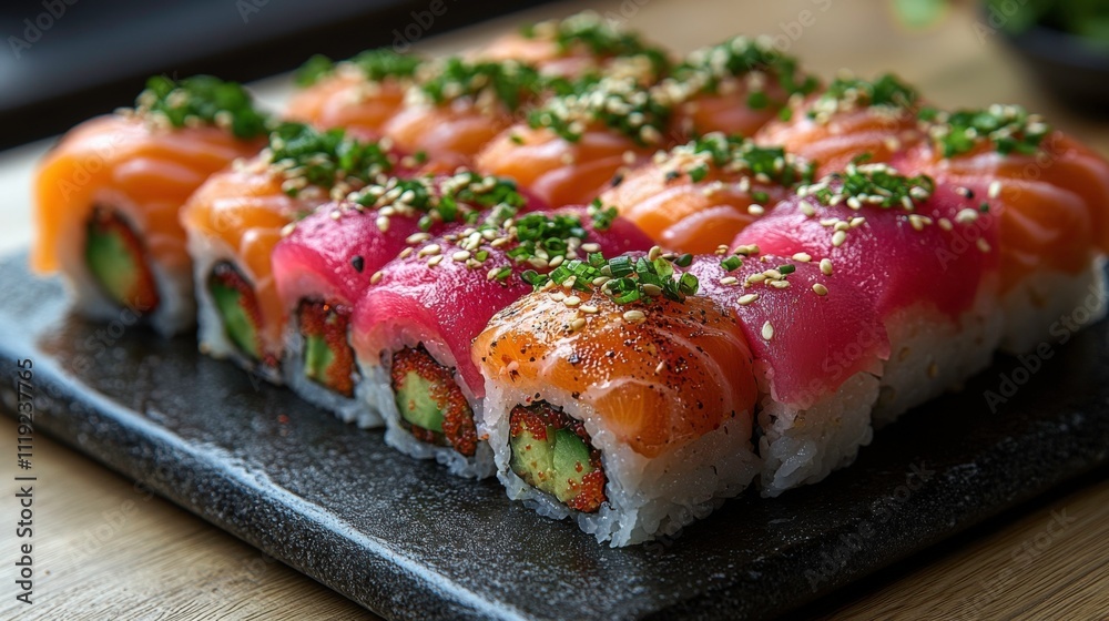 Artistic Presentation of Sushi Platter with Salmon, Tuna, and Avocado Rolls, Garnished with Sesame Seeds and Wasabi on Black Stone Plate Artistic Presentation of Sushi Platter with Salmon, Tuna, and Avocado Rolls, Garnished with Sesame Seeds and Wasabi on Black Stone Plate