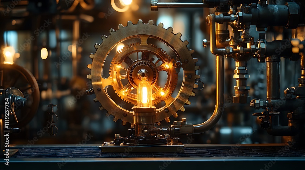 Fototapeta premium A steampunk gear lamp with glowing tubes and spinning brass mechanisms, resting on a metal shelf in a dimly lit industrial studio, surrounded by pipes and valves, cinematic ambiance, hd clarity.