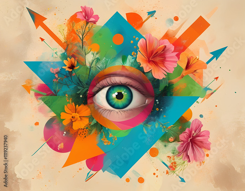 Abstract Eye Motif with Geometric Shapes, Dollar Signs, and Floral Elements photo