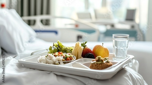 Healthy hospital meal tray with fruit, rice, vegetables, and water on a bed.
