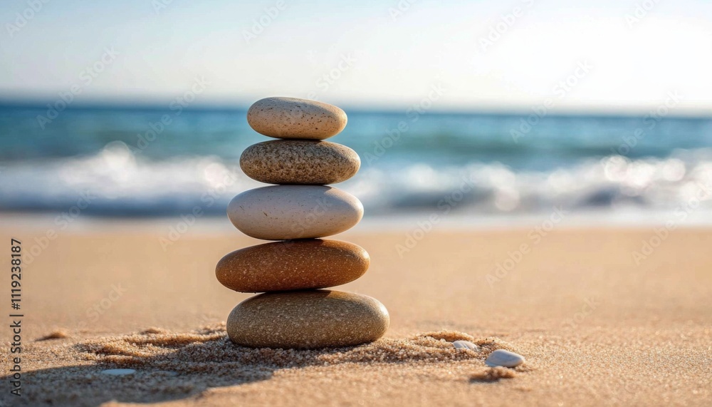 Pebble Pyramid on Sandy Beach at Sunset, Serene Ocean Background with Blue Sky and Warm Sun Glow Pebble Pyramid on Sandy Beach at Sunset, Serene Ocean Background with Blue Sky and Warm Sun Glow