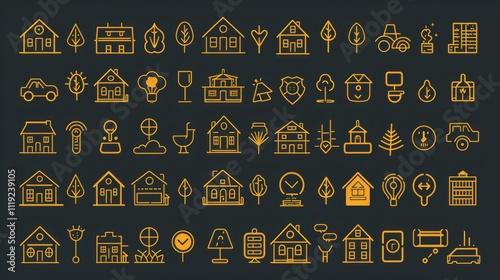 Collection of  gold outline icons depicting houses, nature, technology, and transportation.