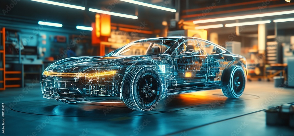 Transparent digital car model in a garage. Transparent digital car model in a garage.
