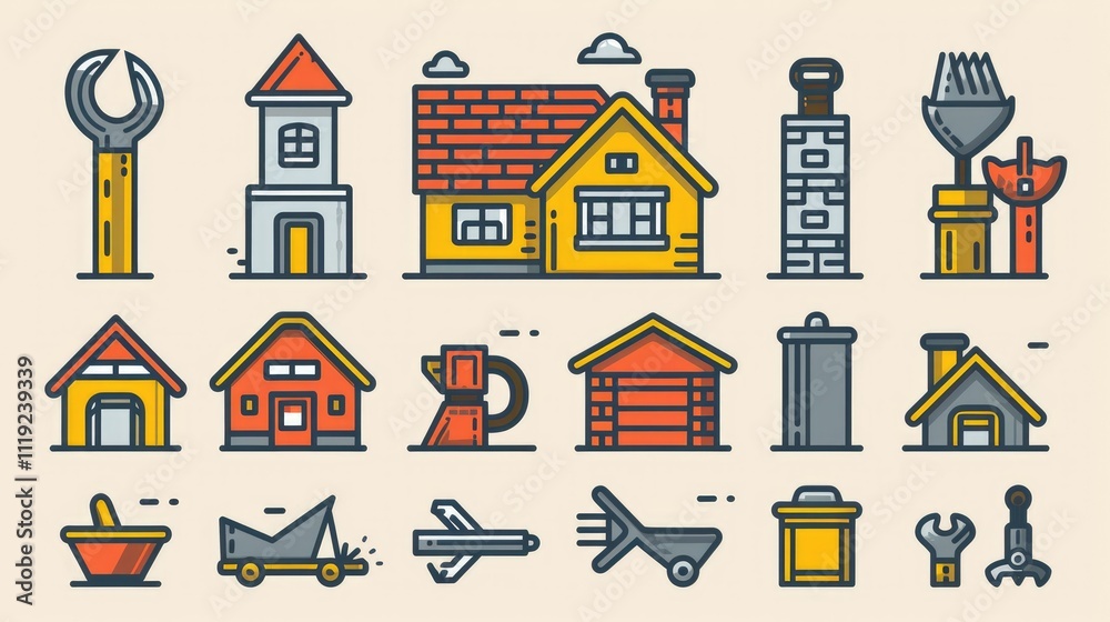 Collection of colorful line icons depicting houses, tools, and construction elements.