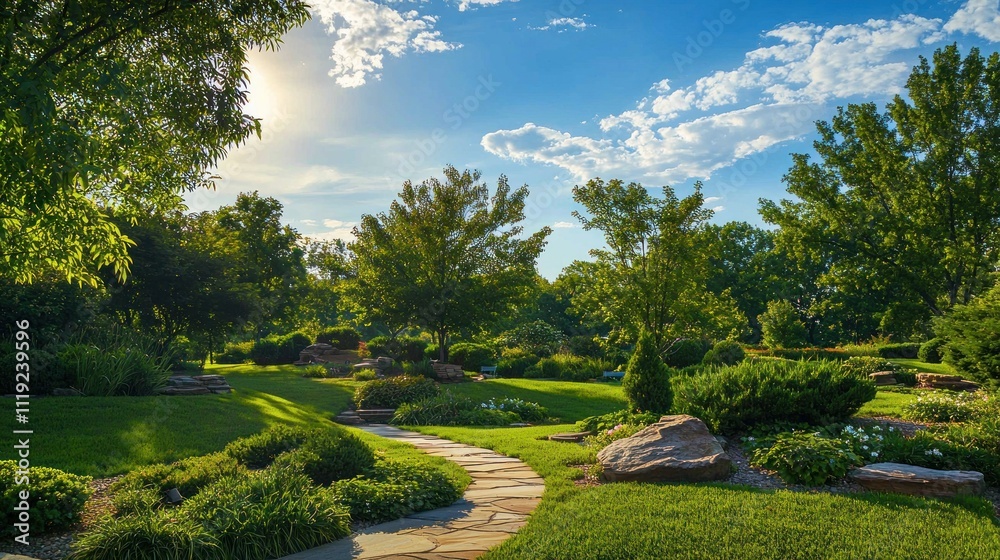 Fototapeta premium Landscape featuring hopeful elements like bright skies, lush greenery, or a serene view