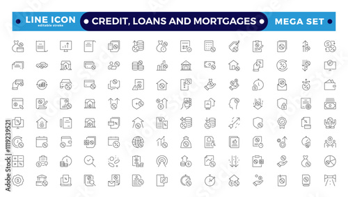 Credit, Loans and Mortgages web icons in outline style. Credit card, deposit, car leasing, rate interest, calculator, income, rating, collection. Editable stroke outline icon.