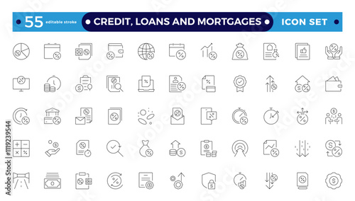 Credit, Loans and Mortgages web icons in outline style. Credit card, deposit, car leasing, rate interest, calculator, income, rating, collection. Editable stroke outline icon.
